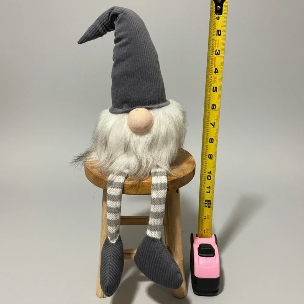 Sitting Gnome, Wooden Stool Set Gray Hat Long Legs Plush Shelf Sitter Décor